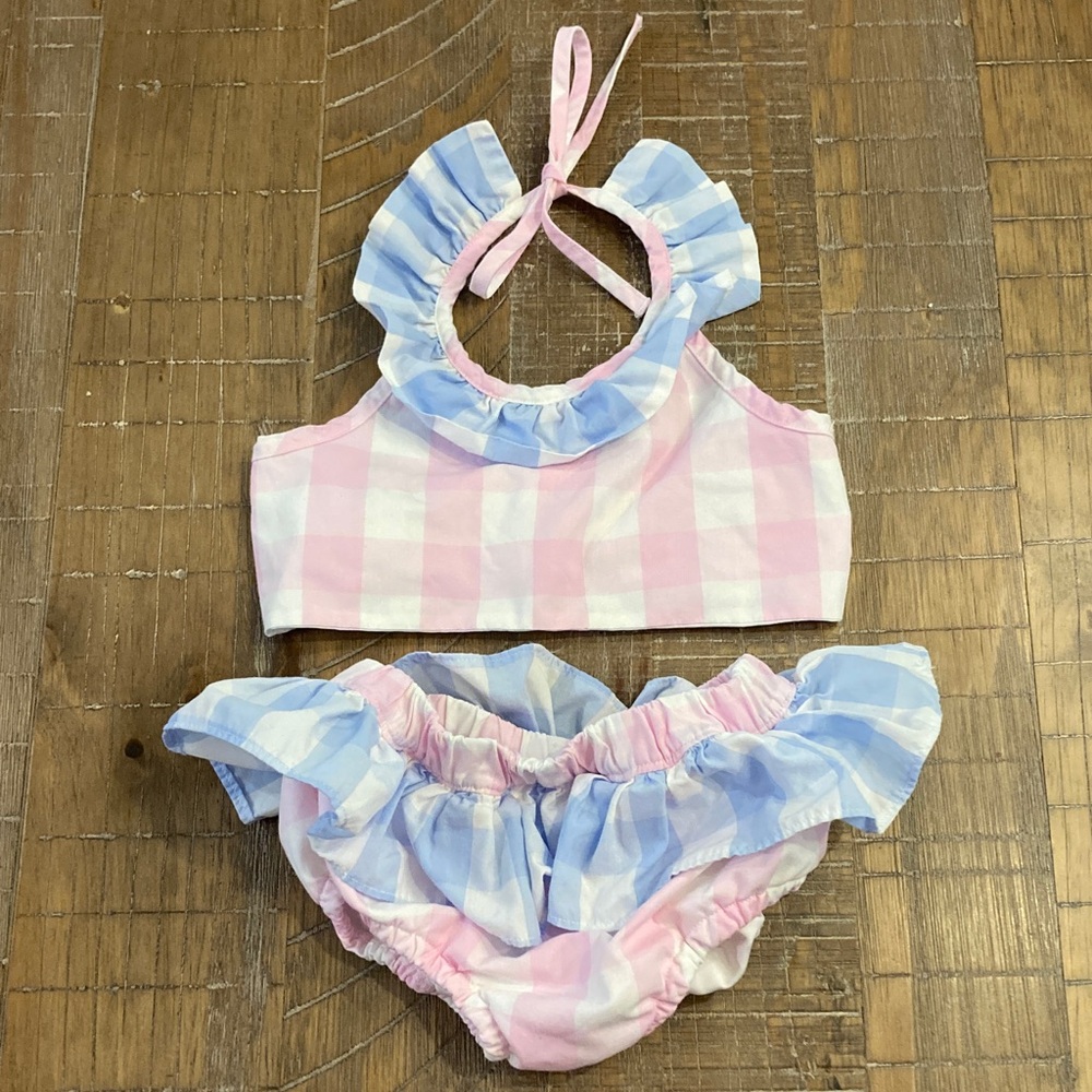 Adorable Cecil and Lou Cotton bikini in pink & blue gingham check EUC 2T